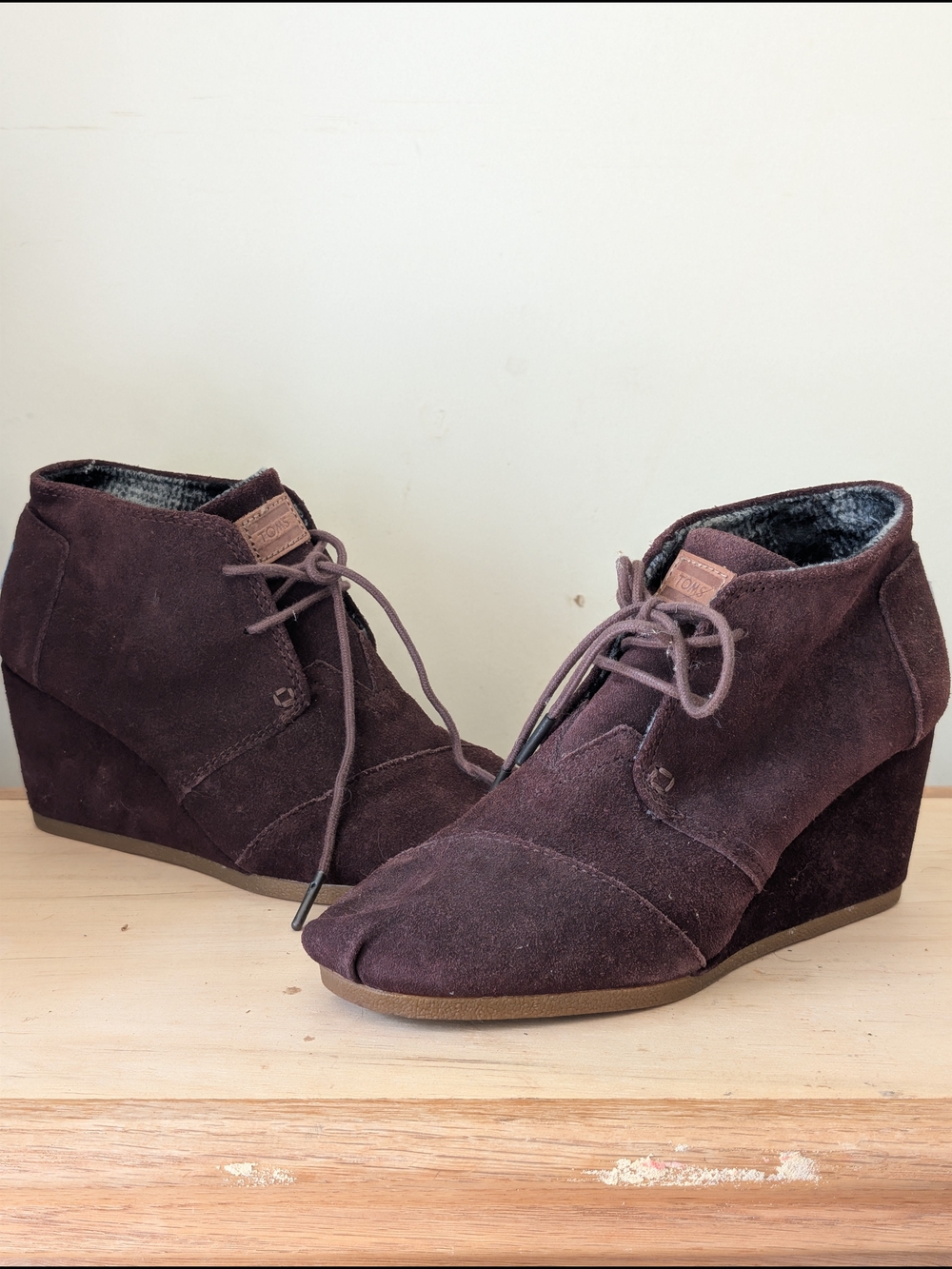 TOMS Women's Suede Lace-Up Wedge Booties in Dark Brown